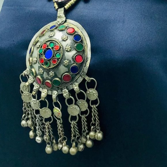 Tribal Afghani Pendant Necklace With Glass Stones and Bells - Picture 5 of 10